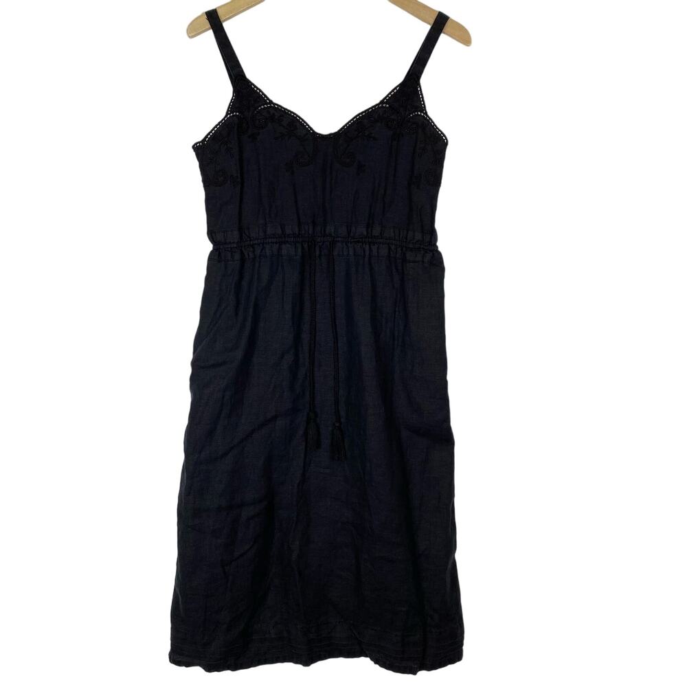 J Crew Linen Embroidered Drawstring Dress Wms 2 Black Sleeveless Romantic Goth